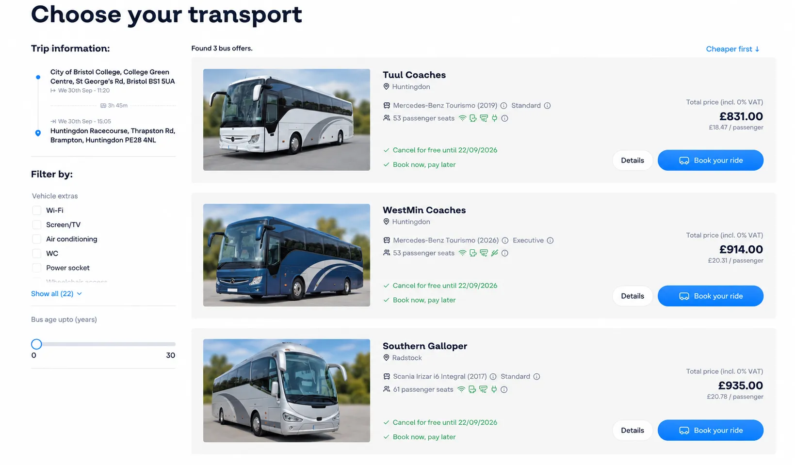 The Mobifer Booking Hub offer list: three coach operators quoting the same Bristol to Huntingdon trip, each with its vehicle, seat count, free cancellation date and total price, beside filters for vehicle extras and bus age